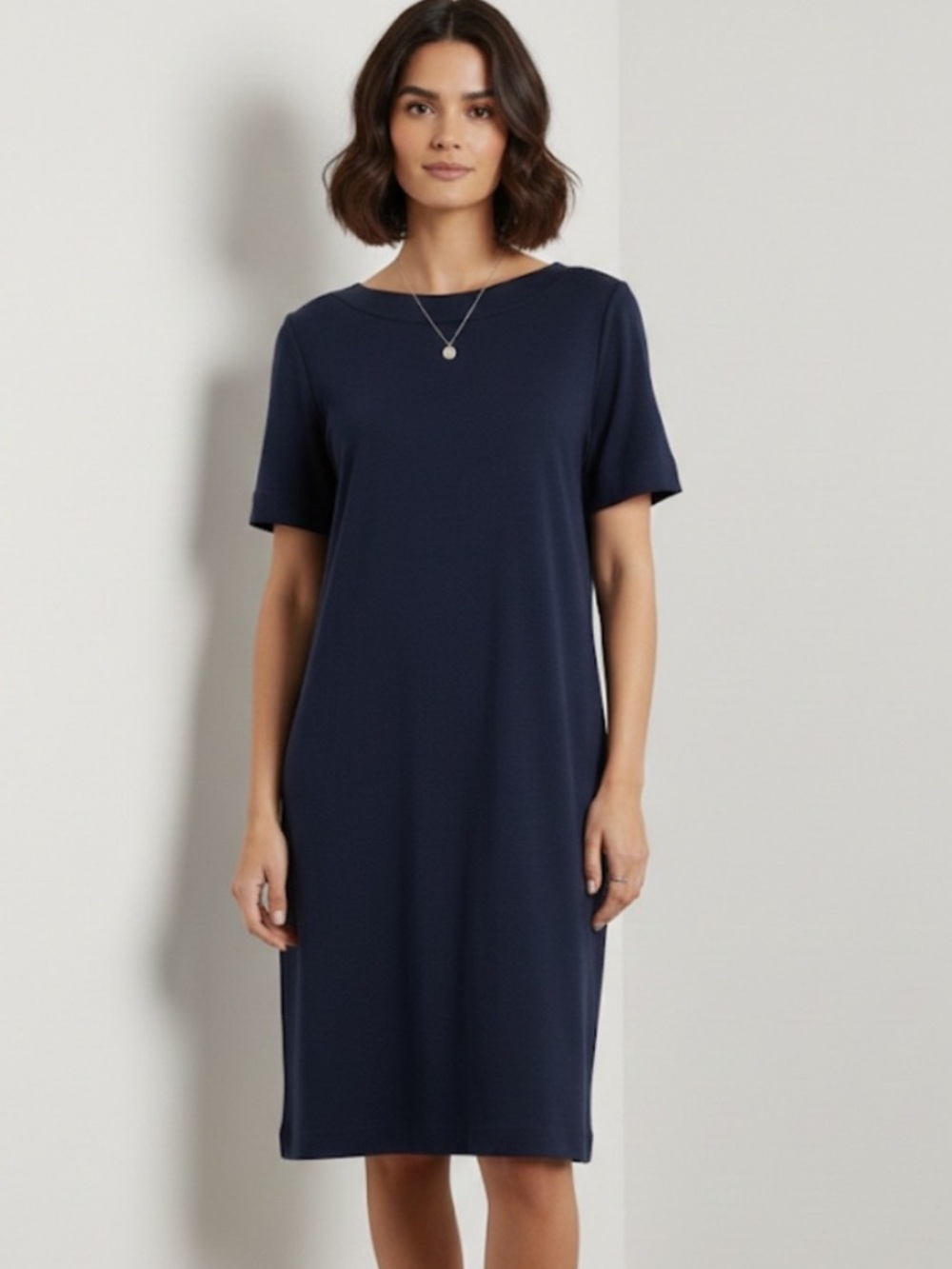 COS Navy Short Sleeve Knit Shift Dress Wide Boat Neck‎ Boxy Sz XS coastal